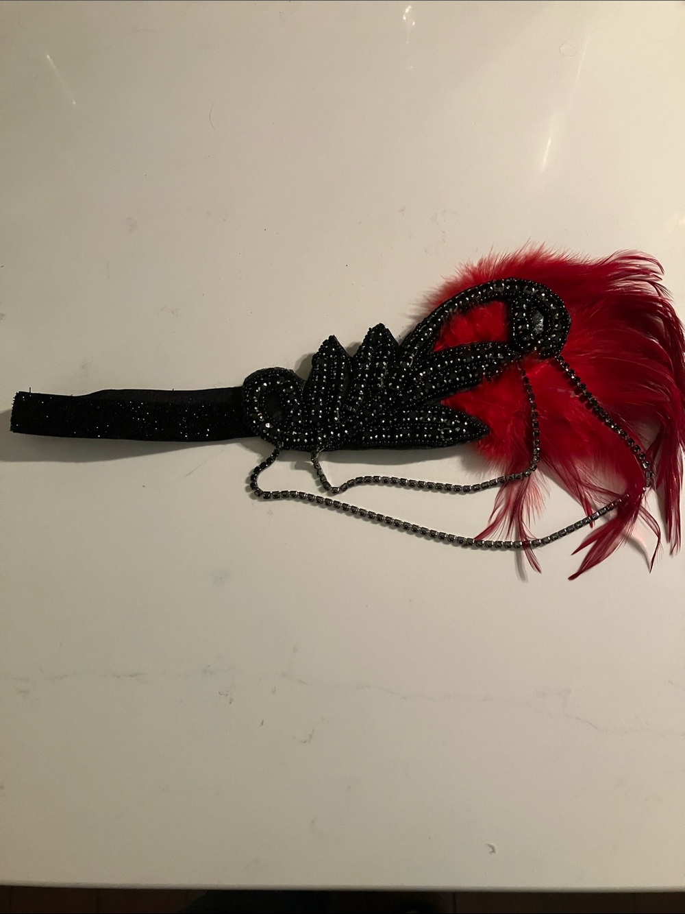 Black Beaded Headband with Red Feather Accent by 1920”s flapper